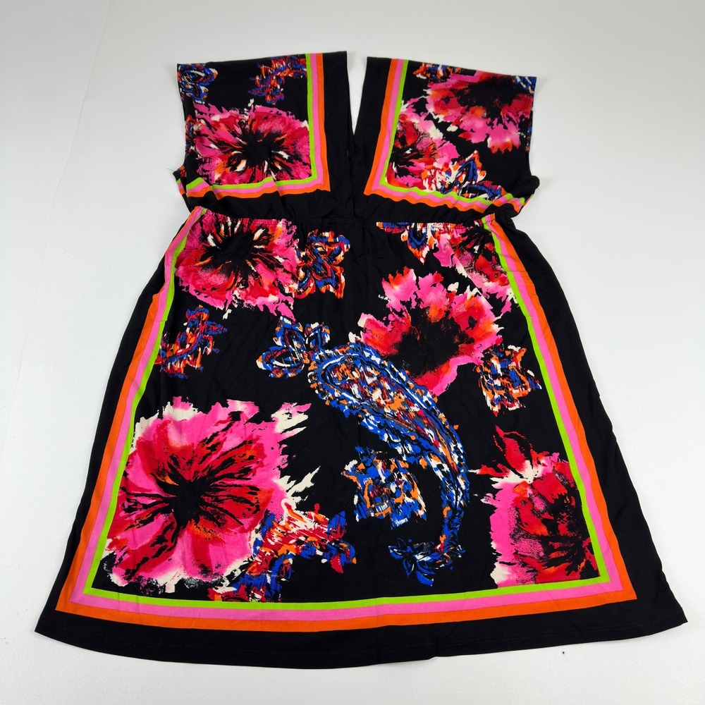Snap Womens 2X Plus Size Floral Paisley V-Neck Tunic Dress Black‎ Pink Neon 35in